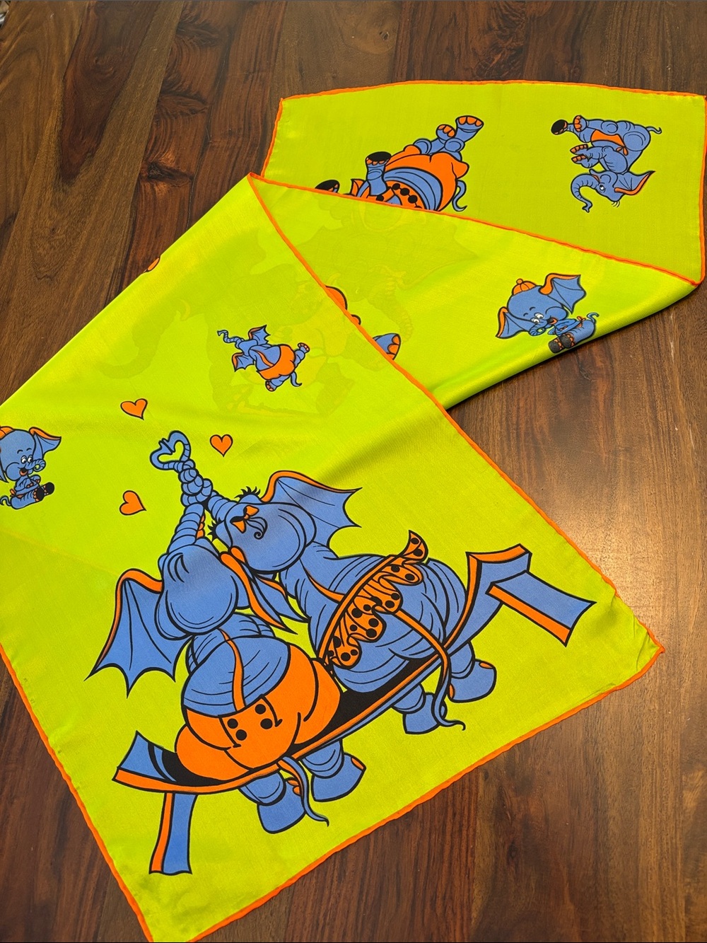Playful Vintage Elephant Pop-Art Printed Scarf in Lime and Orange